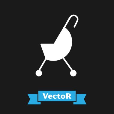 Beyaz Bebek puseti simgesi siyah arkaplanda izole edildi. Bebek arabası, at arabası, bebek arabası, bebek arabası, tekerlek. Vektör İllüstrasyonu