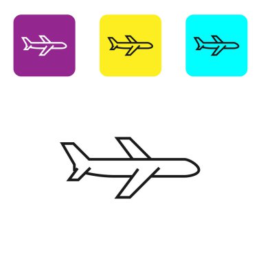 Siyah çizgi Düzlem simgesi beyaz arka planda yalıtılmış. Uçan uçak simgesi. Uçak işareti. Simgeleri renkli kare düğmeleri ayarlayın. Vektör İllüstrasyonu