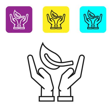 Beyaz arka plan üzerinde izole çevre koruma simgesi elinde Siyah çizgi Filiz. Tohum ve fide. Fidan dikimi. Ekoloji kavramı. Simgeleri renkli kare düğmeleri ayarlayın. Vektör İllüstrasyonu