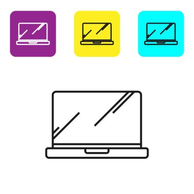 Beyaz arka planda yalıtılmış siyah çizgi Laptop simgesi. Boş ekran işareti olan bilgisayar not defteri. Simgeleri renkli kare düğmeleri ayarlayın. Vektör İllüstrasyonu