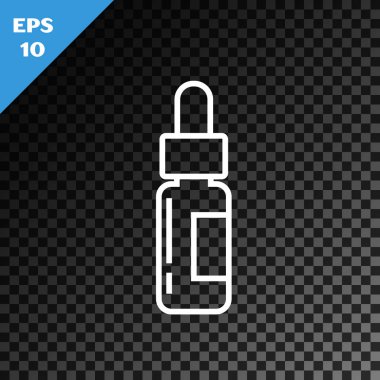 Pipetli beyaz çizgi cam şişe. Şeffaf koyu arkaplanda izole edilmiş, içinde pipet olan bir şişe. Tıbbi ve kozmetik ürünler için konteynır. Vektör İllüstrasyonu