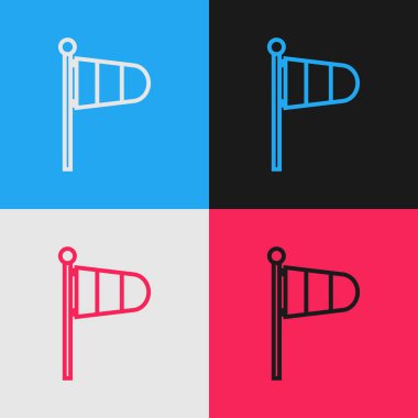 Renkli koni konisi meteoroloji rüzgar gülü vane simgesi renk arkaplanında izole. Rüzgâr Sock rüzgarın yönünü ve gücünü gösteriyor. Klasik tarzda çizim. Vektör İllüstrasyonu