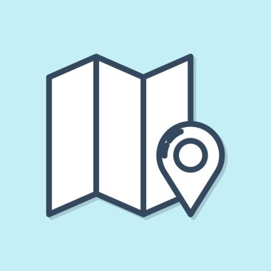 Mavi çizgi, mavi arkaplan üzerinde konum belirleyici simgesi olan katlanmış harita. Vektör İllüstrasyonu