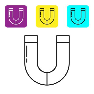 Beyaz arkaplanda siyah çizgi mıknatısı simgesi izole edildi. At nalı mıknatısı, manyetizma, manyetizma, çekim. Renkli kare düğmeleri ayarlayın. Vektör İllüstrasyonu