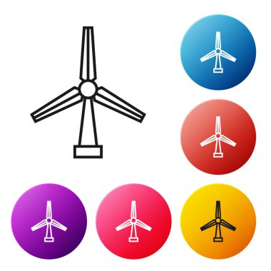 Siyah çizgi rüzgar türbini simgesi beyaz arkaplanda izole edildi. Rüzgar jeneratörü işareti. Yel değirmeni silueti. Elektrik üretimi için yel değirmeni. Renkli daire düğmelerini ayarlayın. Vektör İllüstrasyonu
