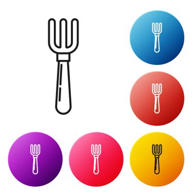 Siyah çizgi Çatal simgesi beyaz arka planda yalıtılmış. Çatal bıçak takımı sembolü. Simgeleri renkli daire düğmeleri ayarlayın. Vektör İllüstrasyonu