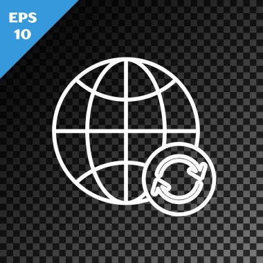 Beyaz çizgi Gezegen Dünya ve şeffaf karanlık arka planda izole edilmiş bir geri dönüşüm ikonu. Çevresel konsept. Vektör İllüstrasyonu