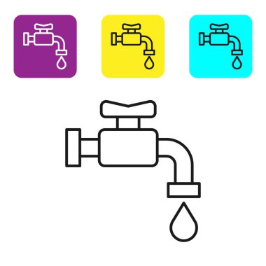 Siyah çizgi su musluğu simgesi beyaz arkaplanda izole edildi. Renkli kare düğmeleri ayarlayın. Vektör İllüstrasyonu
