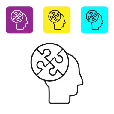 Siyah çizgi insan kafası bulmaca stratejisi simgesi beyaz arka planda izole edildi. Beyin işaretini düşünüyorum. Beynin sembol çalışması. Renkli kare düğmeleri ayarlayın. Vektör İllüstrasyonu