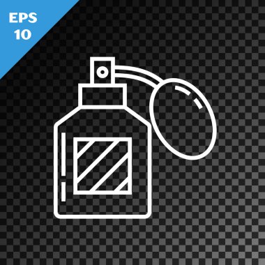 Beyaz çizgi tıraş losyonu simgesi, şeffaf koyu arkaplanda izole edilmiş. Parfüm spreyi ikonu. Erkek parfüm şişesi. Vektör İllüstrasyonu