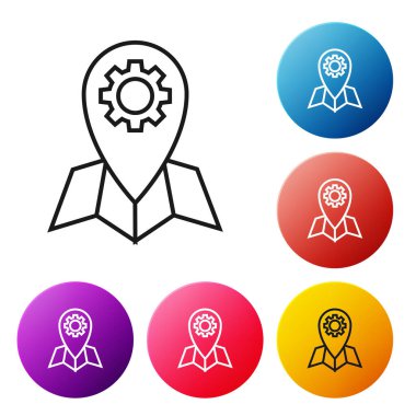 Beyaz arkaplanda siyah çizgi konum simgesi izole edildi. Renkli daire düğmelerini ayarlayın. Vektör İllüstrasyonu