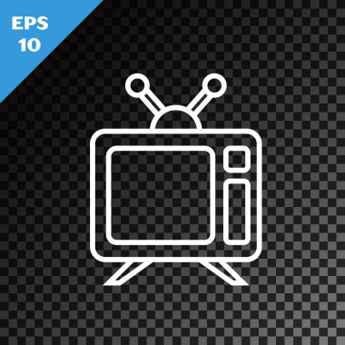 Beyaz çizgi televizyon simgesi, şeffaf koyu arkaplanda izole edildi. Televizyon tabelası. Vektör İllüstrasyonu