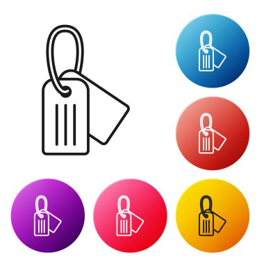 Siyah çizgi askeri künye simgesi beyaz arka planda izole edildi. Kimlik etiketi simgesi. Ordu işareti. Renkli daire düğmelerini ayarlayın. Vektör İllüstrasyonu