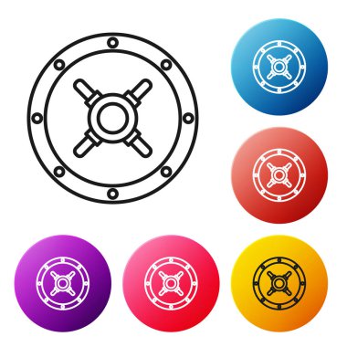 Beyaz arka planda yalıtılmış siyah çizgi Güvenli simgesi. Kapı kasası, kombine kilidi olan bir banka kasası. Güvenilir veri koruması. Simgeleri renkli daire düğmeleri ayarlayın. Vektör İllüstrasyonu