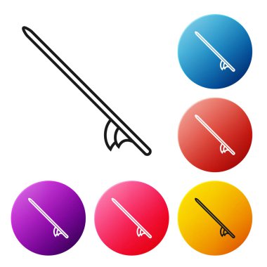 Siyah çizgi sörf tahtası simgesi beyaz arkaplanda izole edildi. Sörf tahtası. Olağanüstü bir spor. Spor malzemeleri. Renkli daire düğmelerini ayarlayın. Vektör İllüstrasyonu