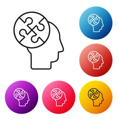 Siyah çizgi insan kafası bulmaca stratejisi simgesi beyaz arka planda izole edildi. Beyin işaretini düşünüyorum. Beynin sembol çalışması. Renkli daire düğmelerini ayarlayın. Vektör İllüstrasyonu