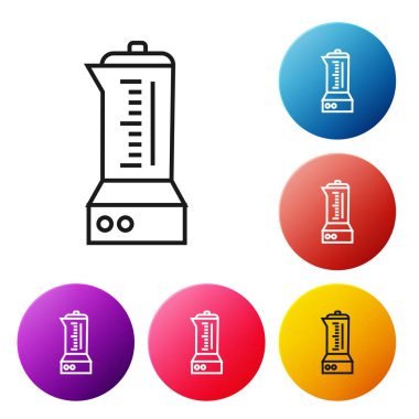 Siyah çizgi karıştırıcı simgesi beyaz arkaplanda izole edildi. Mutfak elektrikli kırıcı ve kase. Meyve suyu, kokteyl ya da meyve suyu. Renkli daire düğmelerini ayarlayın. Vektör İllüstrasyonu