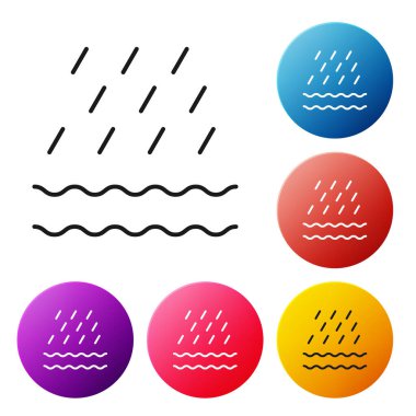 Siyah çizgi Yağmur ve dalga simgesi beyaz arkaplanda izole edildi. Yağmur damlaları ile yağmur bulutu yağışı. Renkli daire düğmelerini ayarlayın. Vektör İllüstrasyonu
