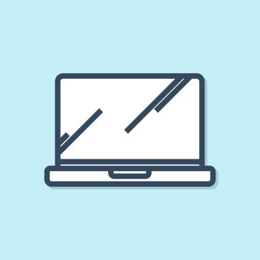 Mavi çizgi Dizüstü simge mavi arka planda yalıtılmış. Boş ekran işareti olan bilgisayar not defteri. Vektör İllüstrasyonu