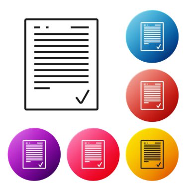 Beyaz arkaplanda işaretleme simgesi olan siyah çizgi sınav kağıdı. Sınav kağıdı, sınav ya da araştırma konsepti. Sınav ya da sınav. Renkli daire düğmelerini ayarlayın. Vektör İllüstrasyonu