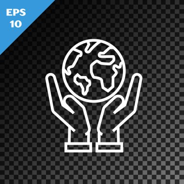 Dünya 'nın simgesini tutan beyaz çizgili insan elleri şeffaf karanlık arka planda izole edilmiş. Dünya kavramını sakla. Vektör İllüstrasyonu