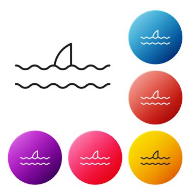 Okyanus dalgası ikonunda siyah çizgi köpekbalığı yüzgeci beyaz arka planda izole edilmiş. Renkli daire düğmelerini ayarlayın. Vektör İllüstrasyonu