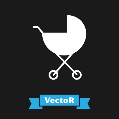 Beyaz Bebek puseti simgesi siyah arkaplanda izole edildi. Bebek arabası, at arabası, bebek arabası, bebek arabası, tekerlek. Vektör İllüstrasyonu