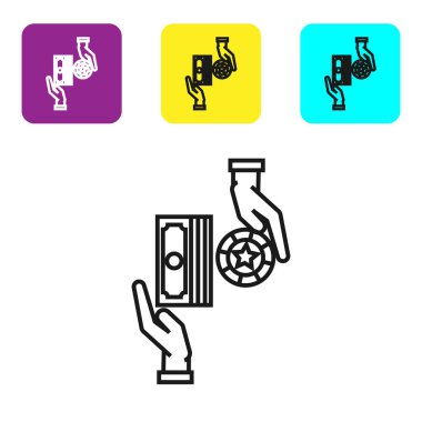 Siyah çizgi kumarhane çipleri beyaz arka planda izole edilmiş dolar desteleri üzerinde değiş tokuş yapıyor. Renkli kare düğmeleri ayarlayın. Vektör İllüstrasyonu