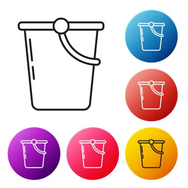 Beyaz arkaplanda siyah çizgi Bucket simgesi izole edildi. Renkli daire düğmelerini ayarlayın. Vektör İllüstrasyonu