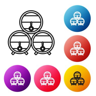 Siyah çizgi tahta fıçı rafta ve beyaz arka planda durdurma simgesi var. Renkli daire düğmelerini ayarlayın. Vektör İllüstrasyonu