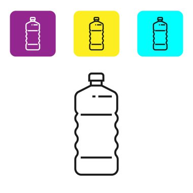 Siyah çizgi plastik şişe simgesi beyaz arkaplanda izole edilmiş. Renkli kare düğmeleri ayarlayın. Vektör İllüstrasyonu