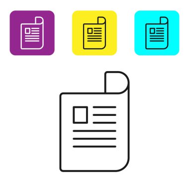 Beyaz arka planda yalıtılmış siyah çizgi Belge simgesi. Dosya simgesi. Denetim listesi simgesi. İş konsepti. Simgeleri renkli kare düğmeleri ayarlayın. Vektör İllüstrasyonu