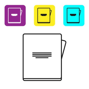 Siyah çizgi Not Defteri simgesi beyaz arkaplanda izole edildi. Spiral not defteri simgesi. Okul defteri. Yazı tahtası. Okul günlüğü. Renkli kare düğmeleri ayarlayın. Vektör İllüstrasyonu