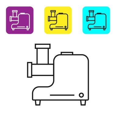 Siyah çizgi Mutfak Et Öğütücü simgesi beyaz arka planda izole edildi. Renkli kare düğmeleri ayarlayın. Vektör İllüstrasyonu