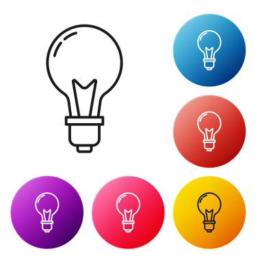 Fikir ikonu kavramına sahip siyah çizgi ampulü beyaz arkaplanda izole edildi. Enerji ve fikir sembolü. İlham konsepti. Renkli daire düğmelerini ayarlayın. Vektör İllüstrasyonu