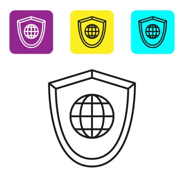 Beyaz arka planda dünya küresi ikonu olan siyah çizgi kalkanı. Güvenlik, güvenlik, koruma, gizlilik kavramı. Renkli kare düğmeleri ayarlayın. Vektör İllüstrasyonu