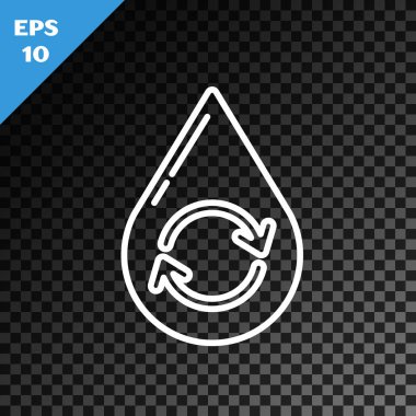 Beyaz çizgi, temiz su simgesini şeffaf koyu arkaplanda izole eder. İşaret geri dönüşümlü bir damla su. Vektör İllüstrasyonu