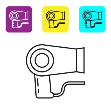 Siyah çizgi saç kurutma ikonu beyaz arkaplanda izole edildi. Saç kurutma makinesi tabelası. Saç kurutma sembolü. Sıcak hava üflüyor. Renkli kare düğmeleri ayarlayın. Vektör İllüstrasyonu