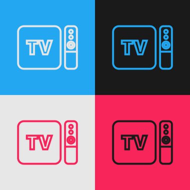 Renk çizgisi Multimedia ve TV kutusu alıcısı ve uzaktan kumanda simgesine sahip oyuncu renk arkaplanı üzerinde izole edildi. Klasik tarzda çizim. Vektör İllüstrasyonu