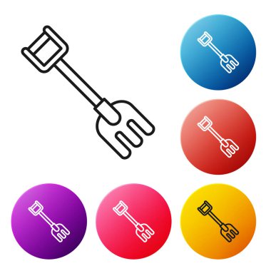 Siyah çizgi Bahçe komisyon simgesi beyaz arka plan üzerinde izole. Bahçecilik, tarım, tarım için bir araç. Yer kültivatör. Temizlik ekipmanları. Simgeleri renkli daire düğmeleri ayarlayın. Vektör İllüstrasyonu