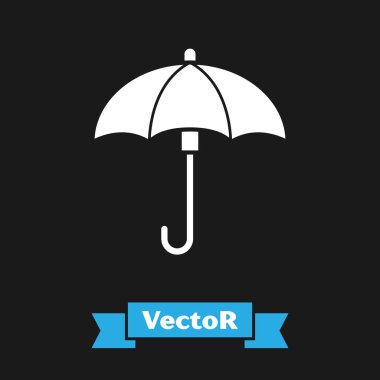 Beyaz Şemsiye simgesi siyah arkaplanda izole edildi. Su geçirmez ikon. Koruma, güvenlik, güvenlik kavramı. Suya dayanıklı sembol. Vektör İllüstrasyonu