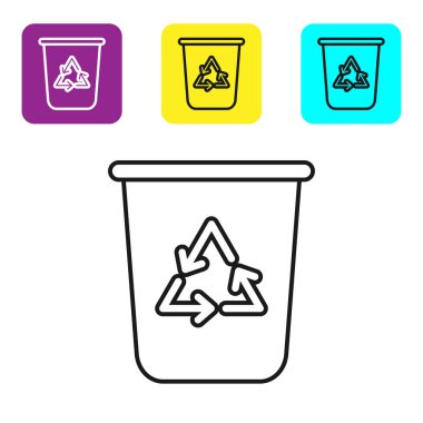 Beyaz arkaplanda izole edilmiş geri dönüşüm sembolü simgesi olan siyah çizgi geri dönüşüm kutusu. Çöp kutusu simgesi. Çöp kutusu tabelası. Geri dönüşüm sepeti işareti. Renkli kare düğmeleri ayarlayın. Vektör İllüstrasyonu