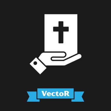 Siyah arka planda izole edilmiş kutsal İncil ikonu üzerine beyaz yemin. Mahkemedeki prosedür. Gerçek ve gerçek. Tanrı huzurunda söz ver. Vektör İllüstrasyonu