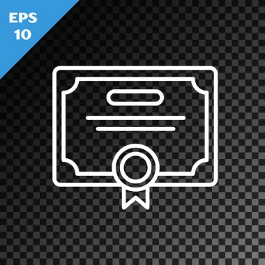 Beyaz çizgi sertifika şablon simgesi şeffaf koyu arkaplanda izole edildi. Başarı, ödül, diploma, burs, diploma. İş başarısı sertifikası Vektör İllüstrasyonu