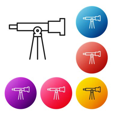 Siyah çizgi Teleskop simgesi beyaz arkaplanda izole edildi. Bilimsel bir alet. Eğitim ve astronomi elementi, dürbün ve çalışma yıldızları. Renkli daire düğmelerini ayarlayın. Vektör İllüstrasyonu