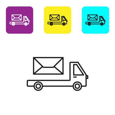 Siyah çizgi posta kamyonu simgesi beyaz arkaplanda izole edildi. Posta arabası. Zarflı ya da mektuplu araç nakliyesi. Renkli kare düğmeleri ayarlayın. Vektör İllüstrasyonu