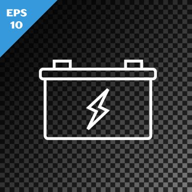 Beyaz çizgili araba aküsü simgesi, şeffaf koyu arkaplanda izole edilmiş. Akümülatör bataryası enerji ve elektrik akümülatörü bataryası. Vektör İllüstrasyonu
