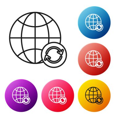 Siyah çizgi Dünya ve beyaz arka planda izole edilmiş bir geri dönüşüm ikonu. Çevresel konsept. Renkli daire düğmelerini ayarlayın. Vektör İllüstrasyonu