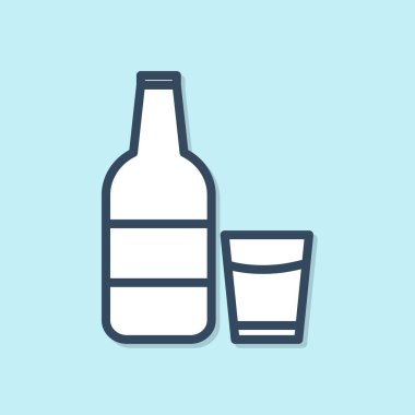 Mavi çizgi, mavi arka planda izole edilmiş süt ve cam ikonlu cam şişe. Vektör İllüstrasyonu