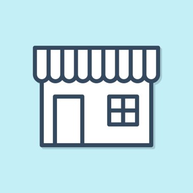 Mavi hat alışveriş binası ya da market simgesi mavi arka planda izole edilmiş. Dükkan inşaatı. Vektör İllüstrasyonu